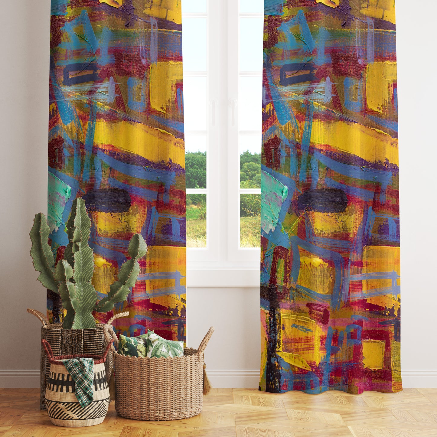 Abstract Colorful Curtain Paint Effect Bedroom Eyelet Curtain
