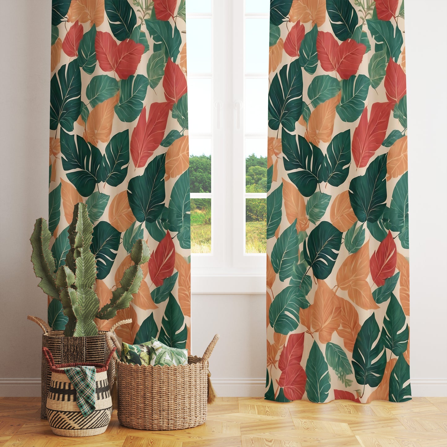 Painting Tree Green Leaves Flower Modern Eyelet Curtains