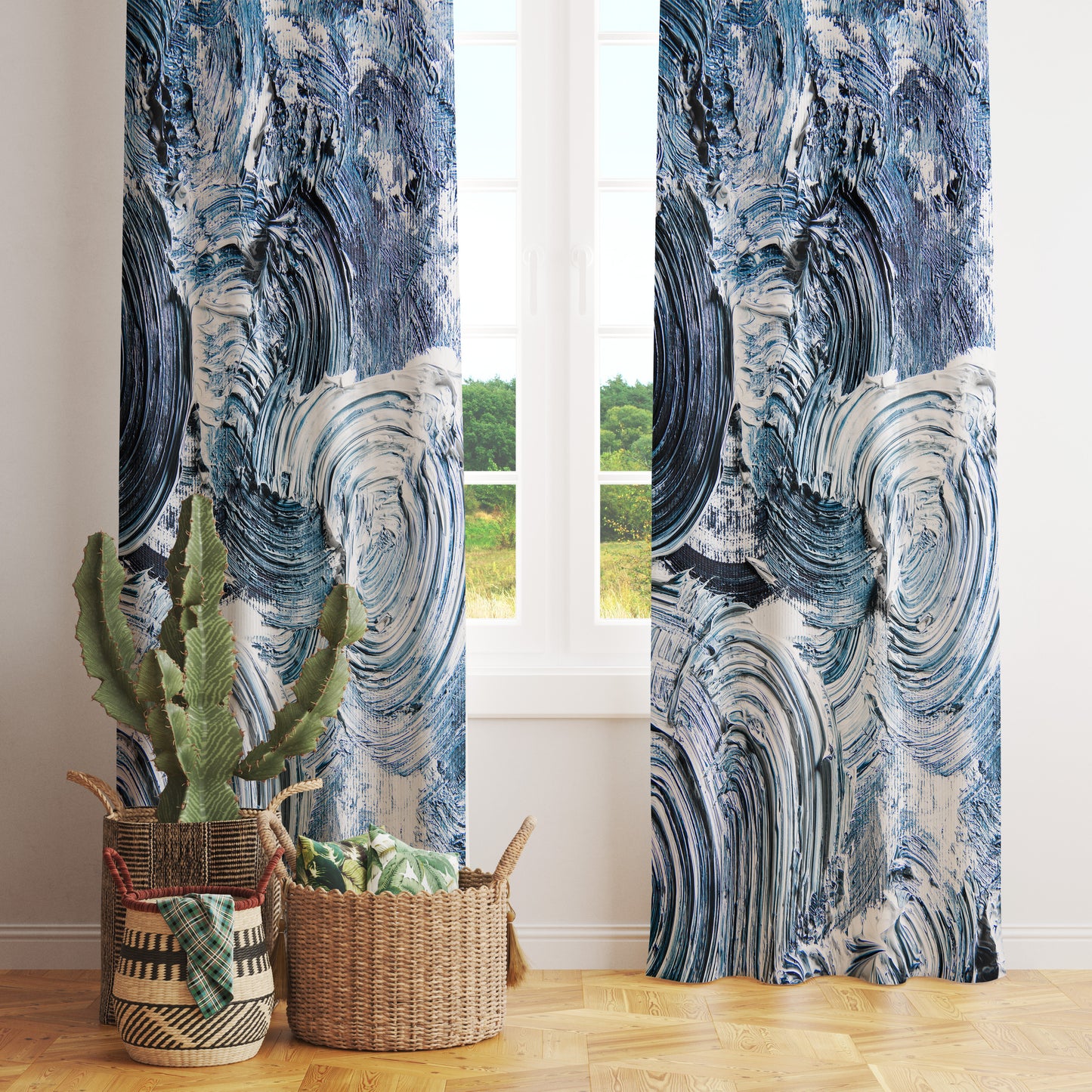 Blue Mustard Abstract Curtain Modern Decorative Eyelet Drape