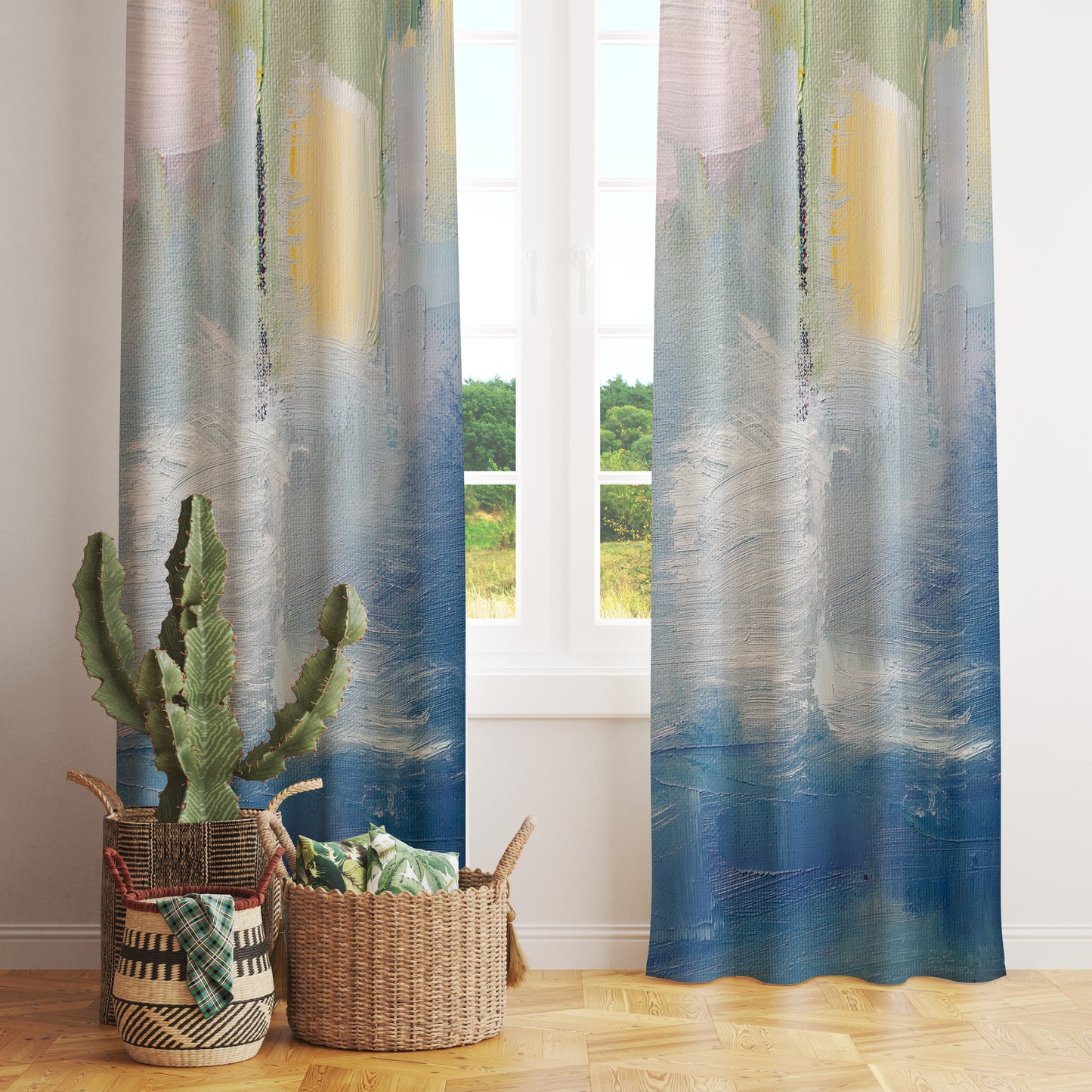 Blue Abstract Curtain City View Boho Bedroom Drapery