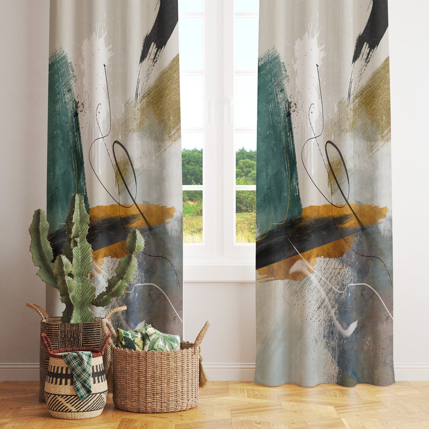 Abstract Boho Curtains Mid Century Modern Minimalist Drapes