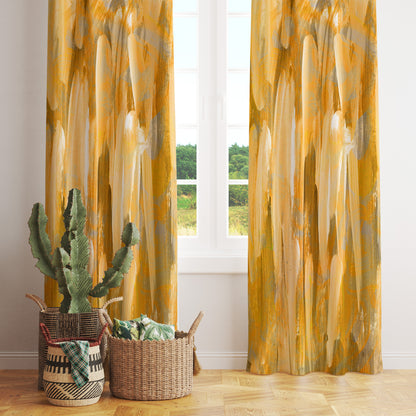 Abstract Mustard Curtain Boho Living Room Paint Effect Drape