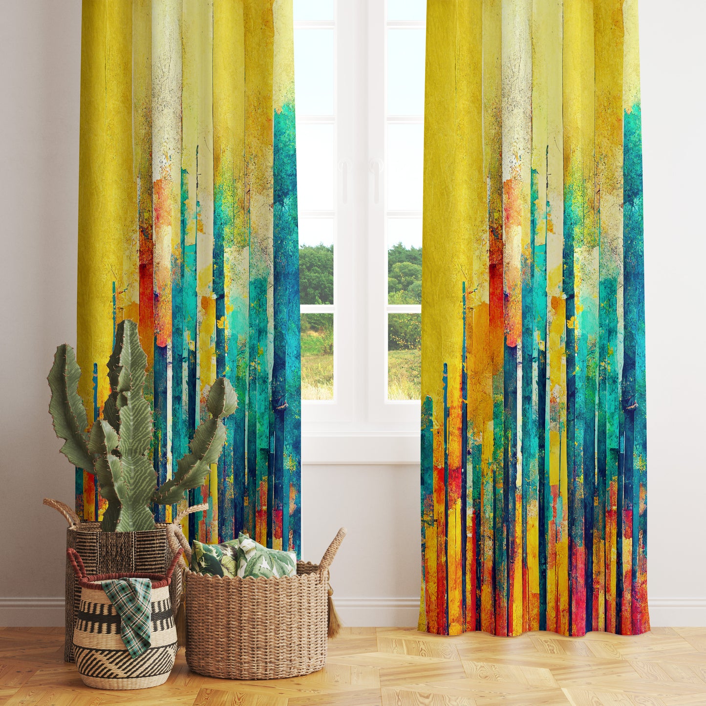 Green Abstract Curtains Colourful Printed Boho Drapes