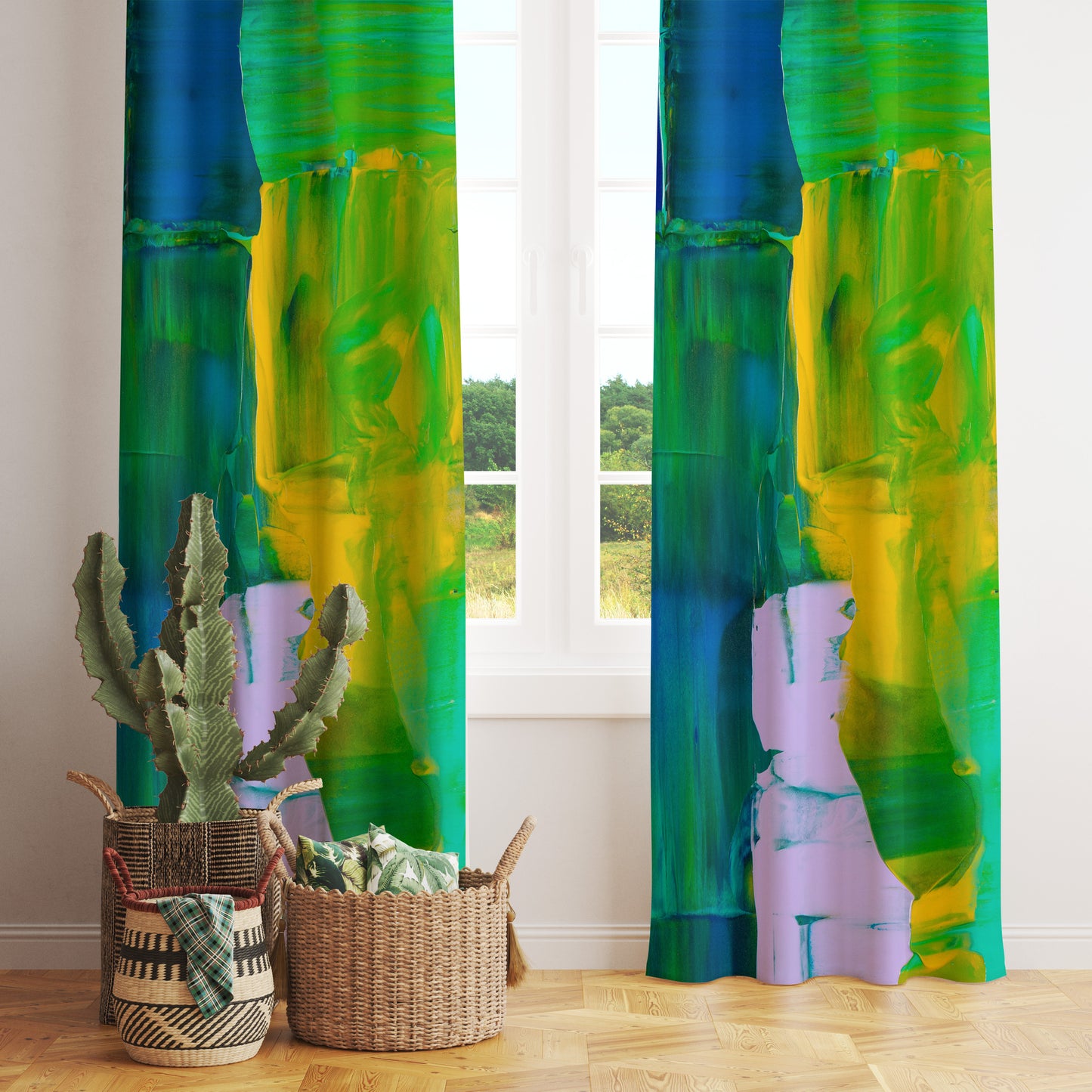 Green Abstract Curtains Colourful Printed Boho Drapes