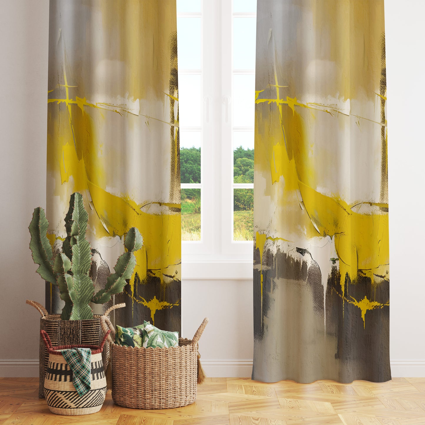 Mustard Abstract Boho Grunge Effect Curtains