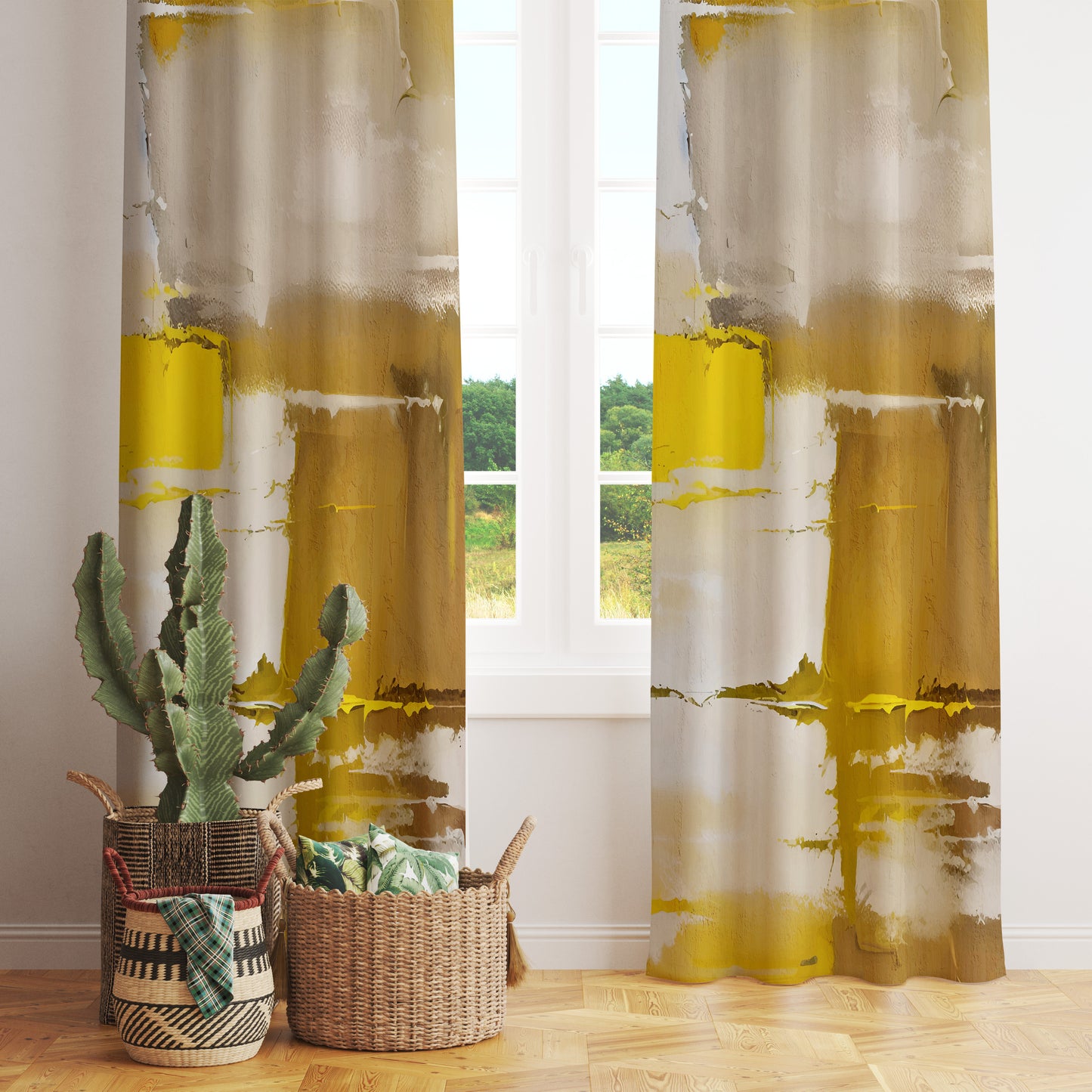 Mustard Abstract Boho Grunge Effect Curtains