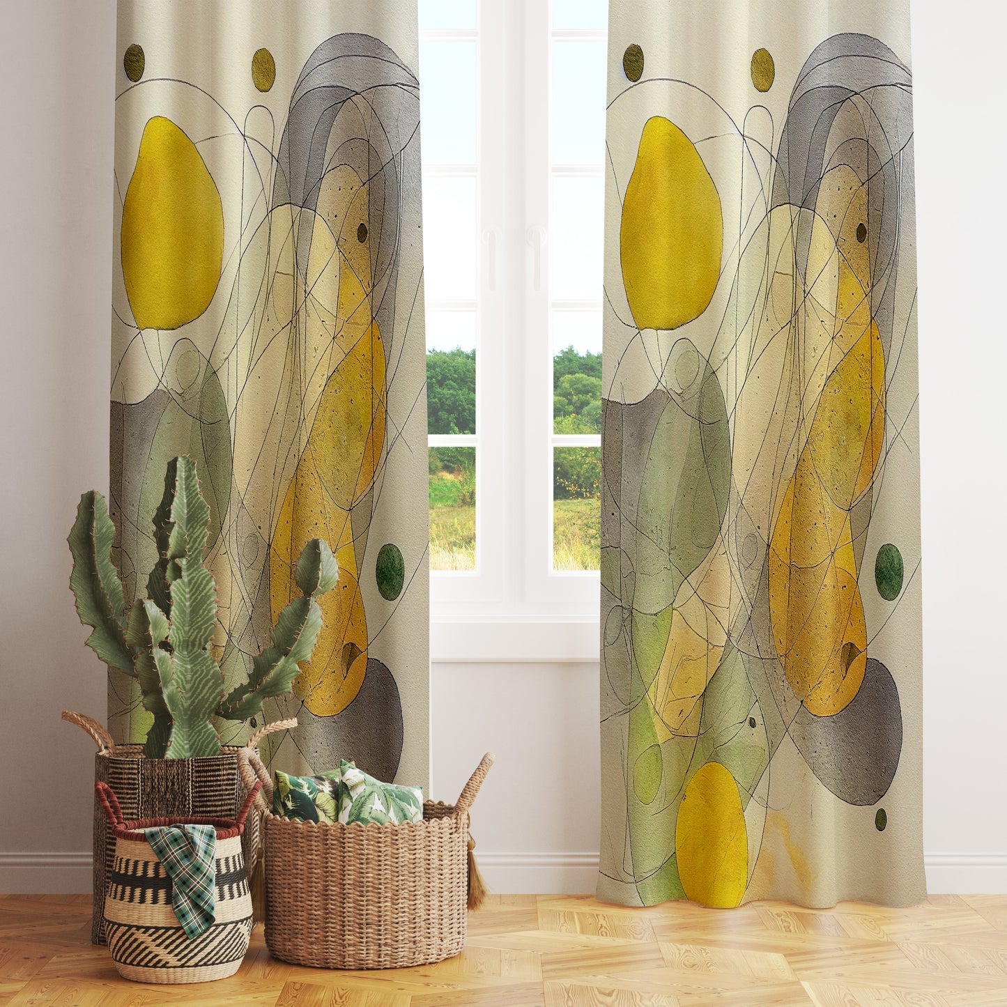 Mustard Abstract Boho Grunge Effect Curtains