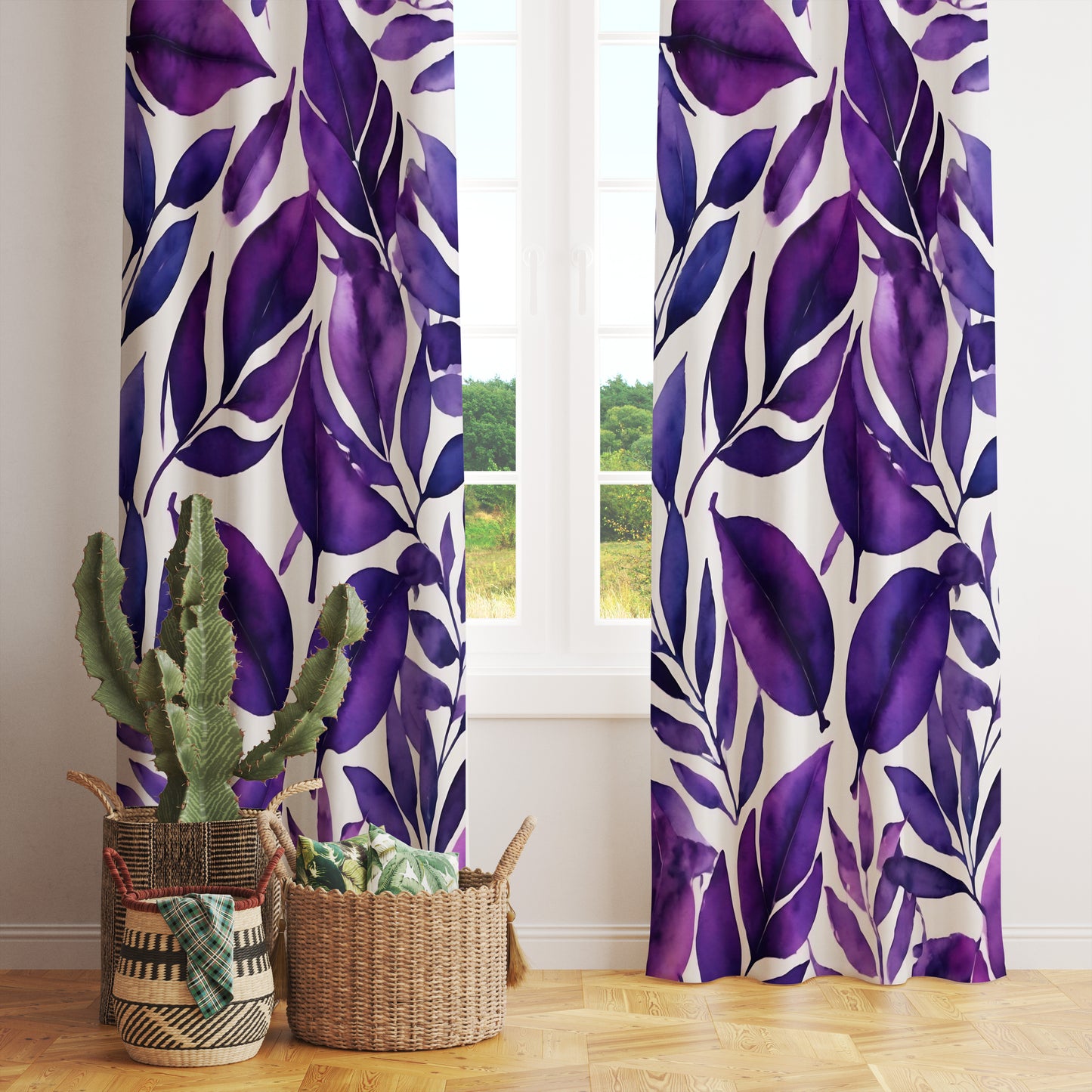 Floral Lavender Curtains Purple Leaves Zigzag Drape