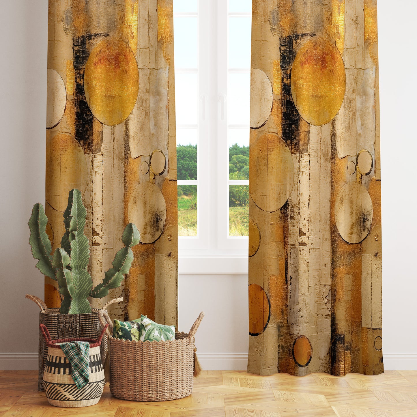 Abstract Mustard Curtain Boho Living Room Paint Effect Drape