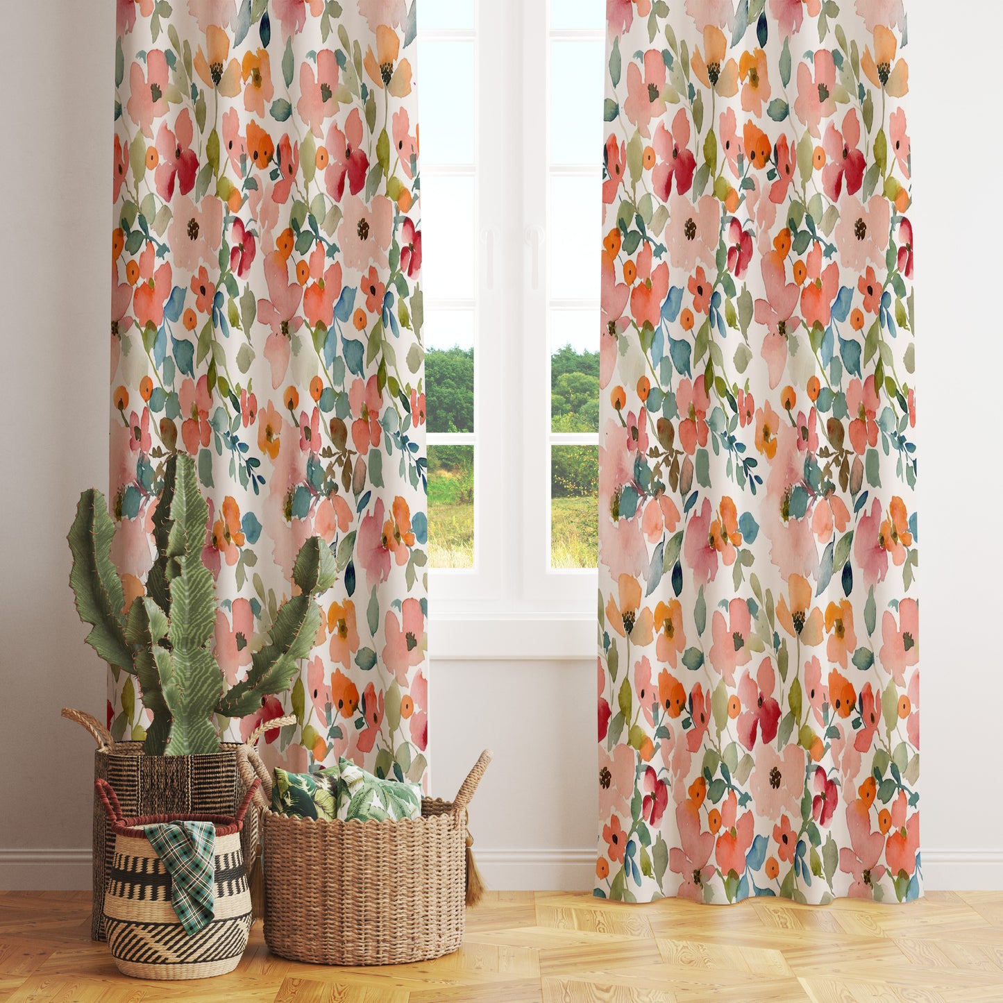 Blossom Leaves Watercolor Bloom Spring Floral Curtains