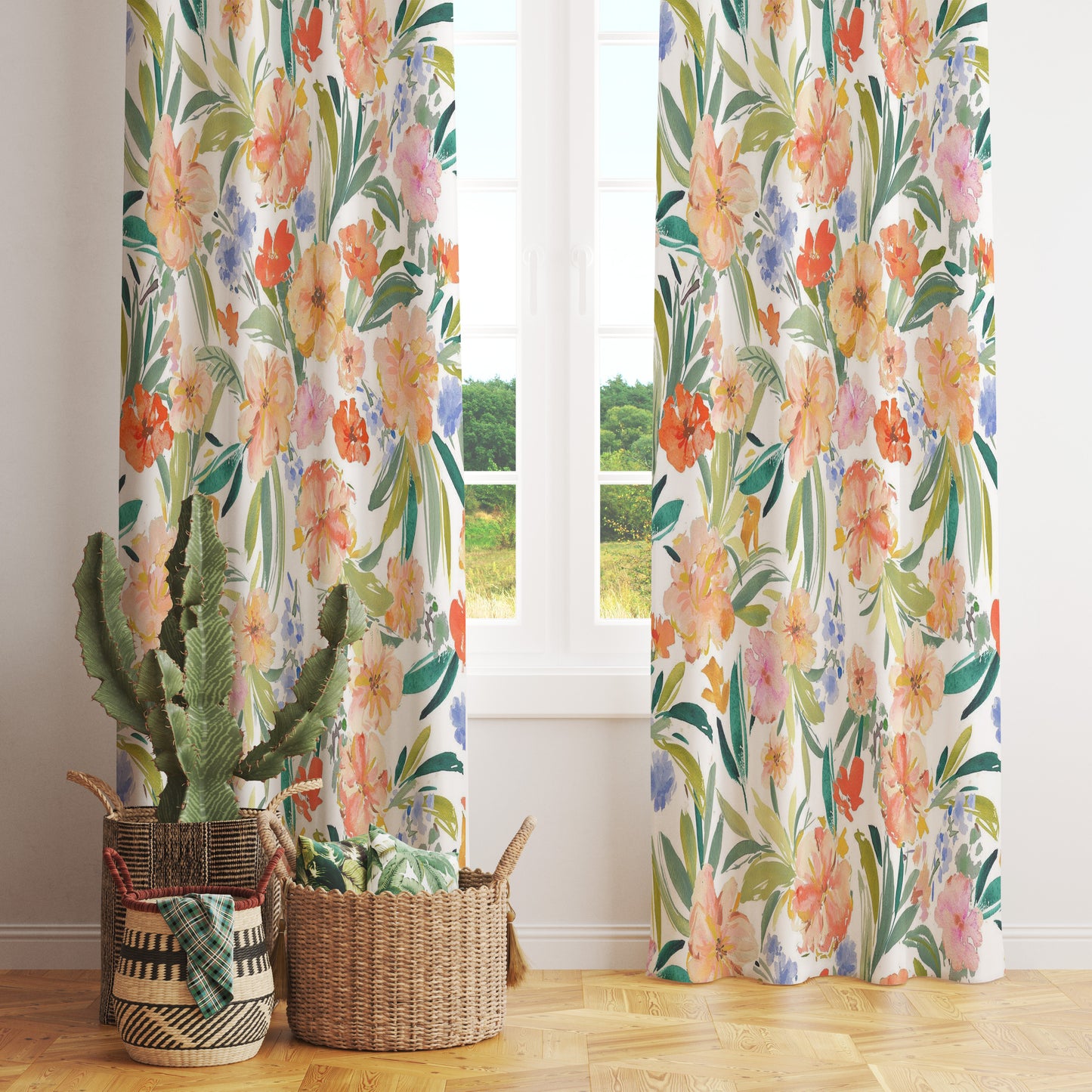 Blossom Leaves Watercolor Bloom Spring Floral Curtains