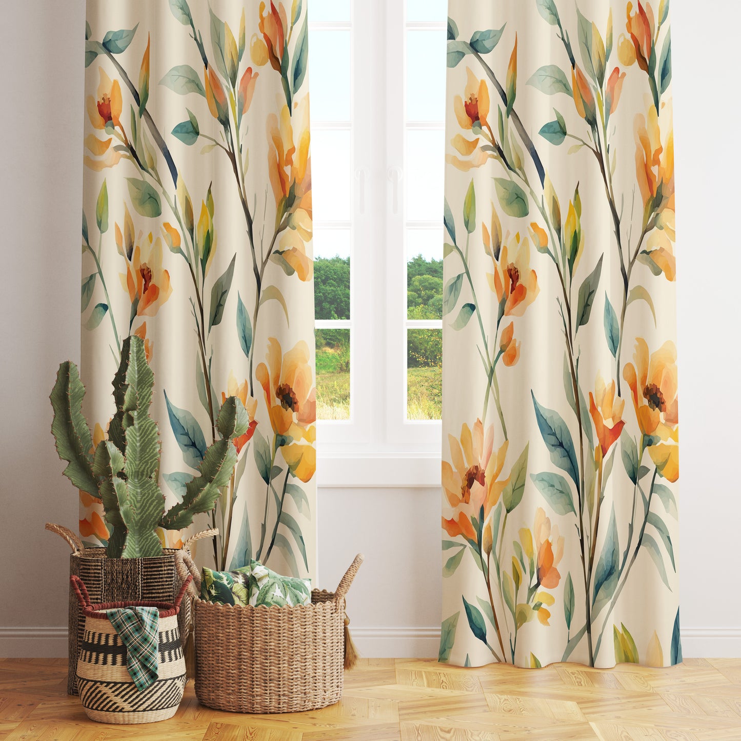 Blossom Leaves Watercolor Bloom Spring Floral Curtains