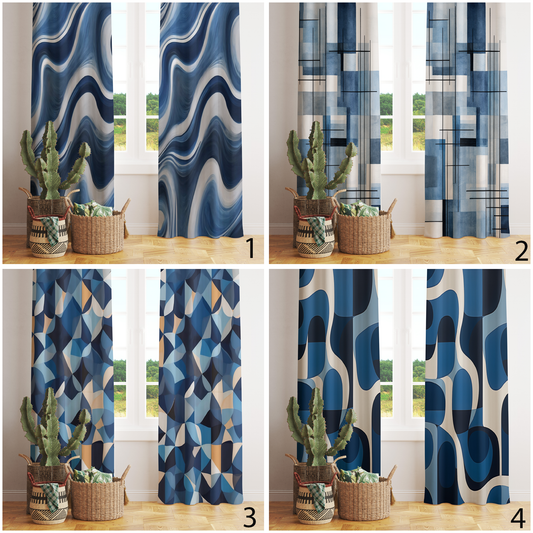 Navy Blue Abstract Retro Curtains Wave Pattern Modern Drapes