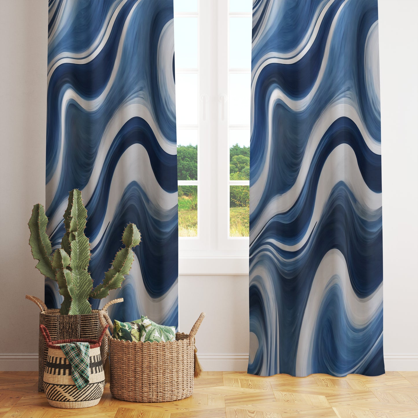 Navy Blue Abstract Retro Curtains Wave Pattern Modern Drapes