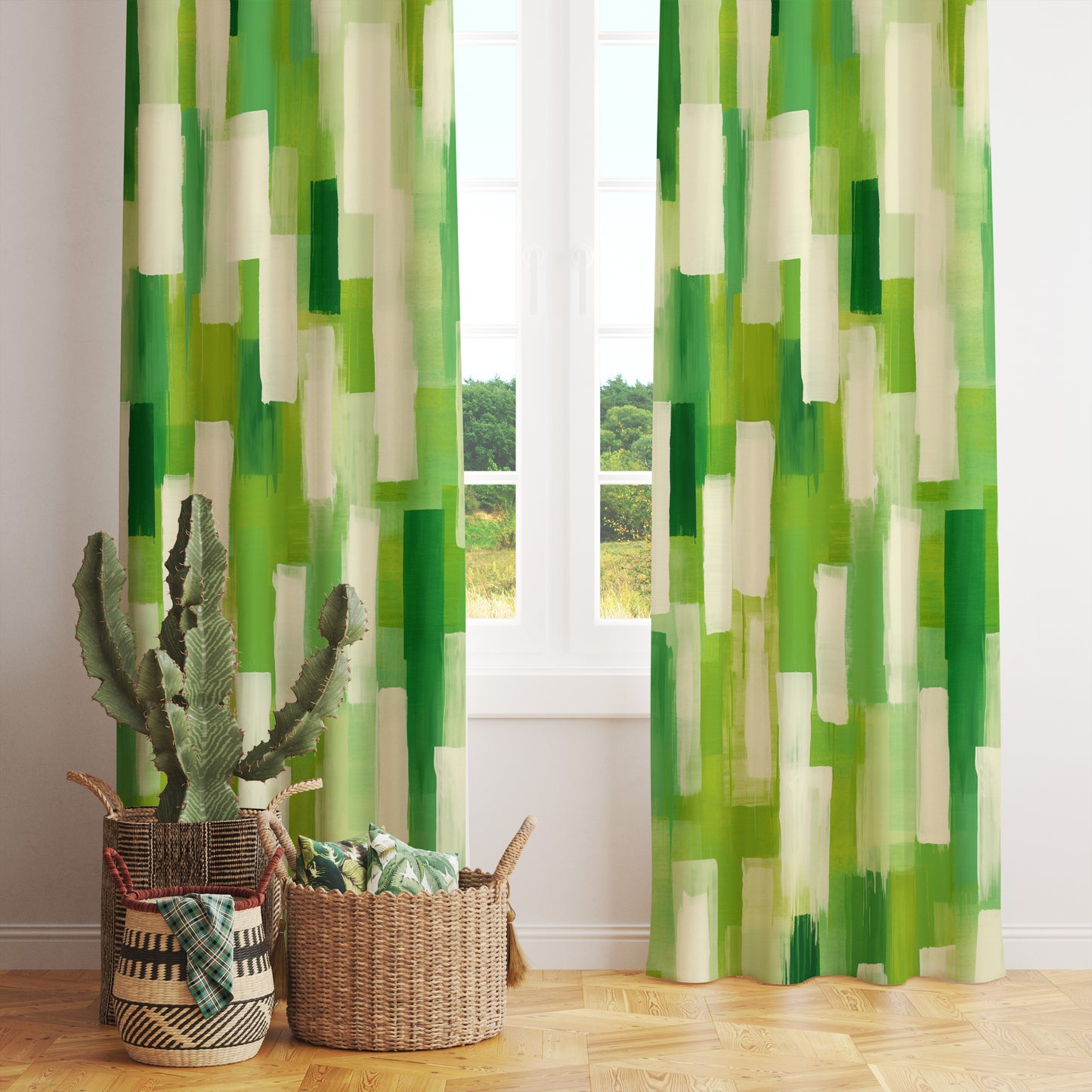 Green Boho Watercolor Curtains Abstract Chevron Drape