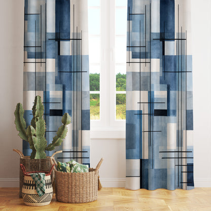 Navy Blue Abstract Retro Curtains Wave Pattern Modern Drapes