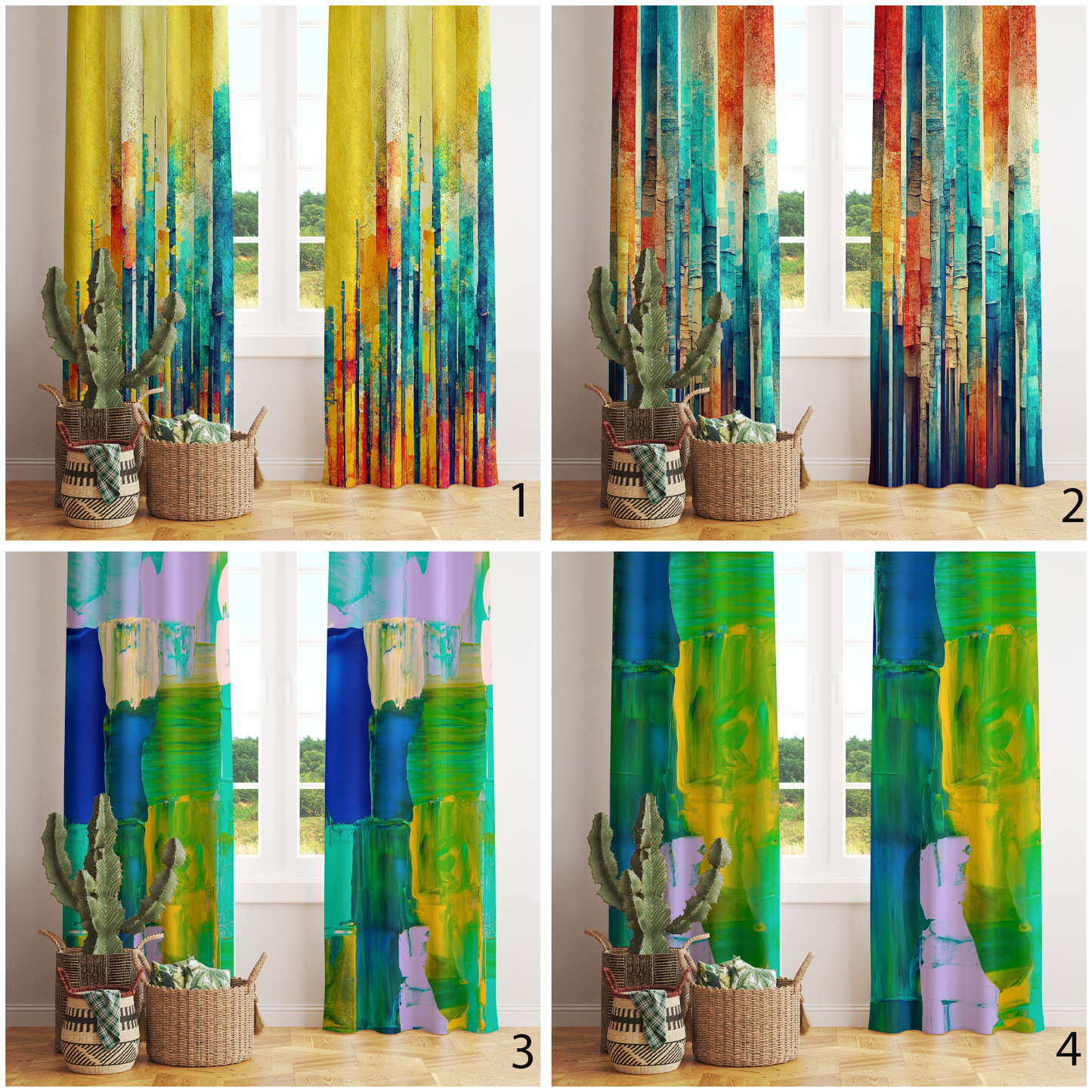 Green Abstract Curtains Colourful Printed Boho Drapes