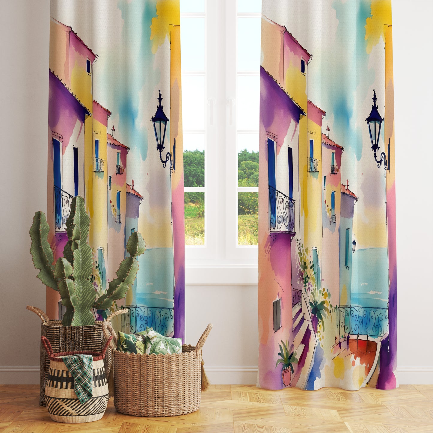 Colourful Landscape House View Curtains