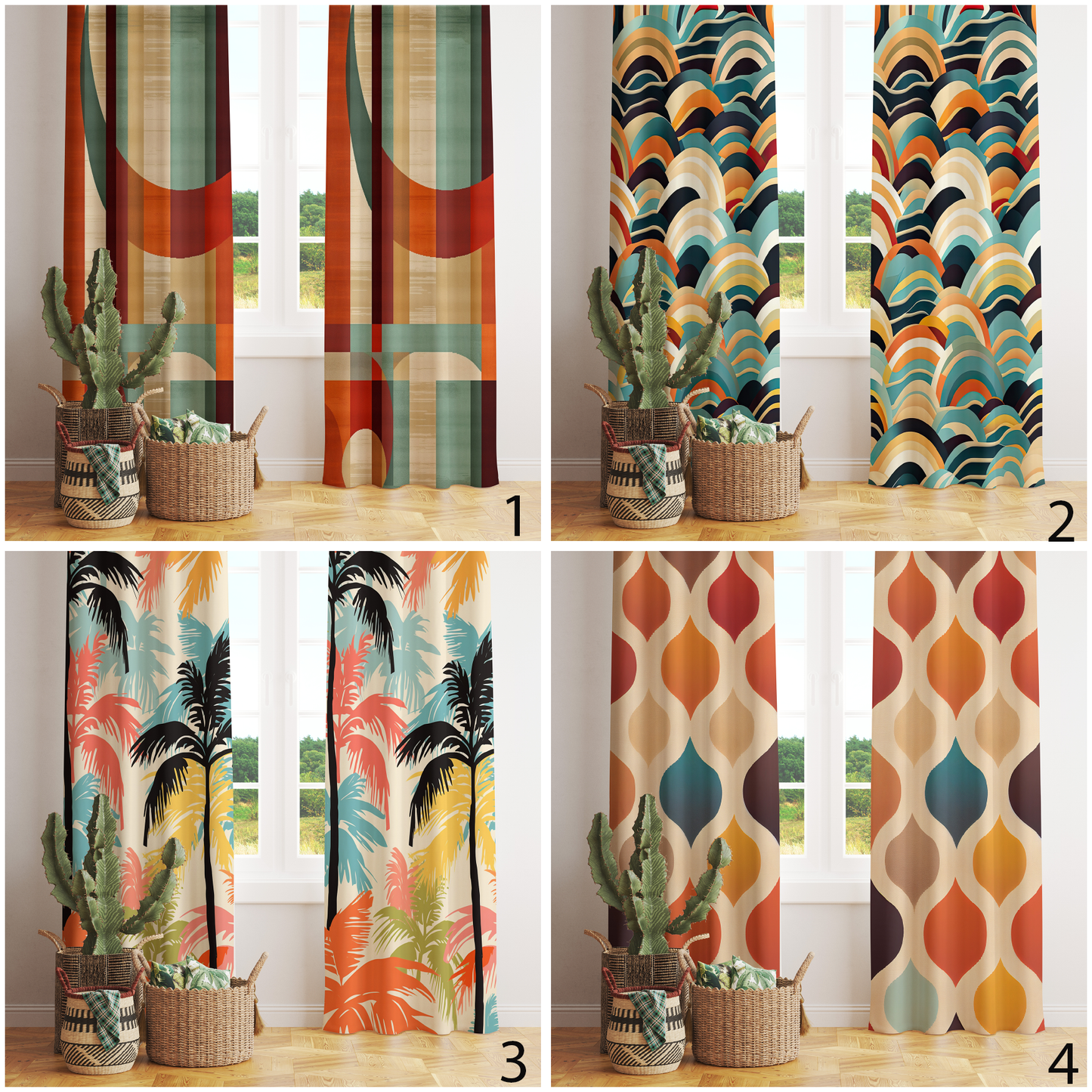 Palmiye Tree & Abstract Waves Retro Curtains