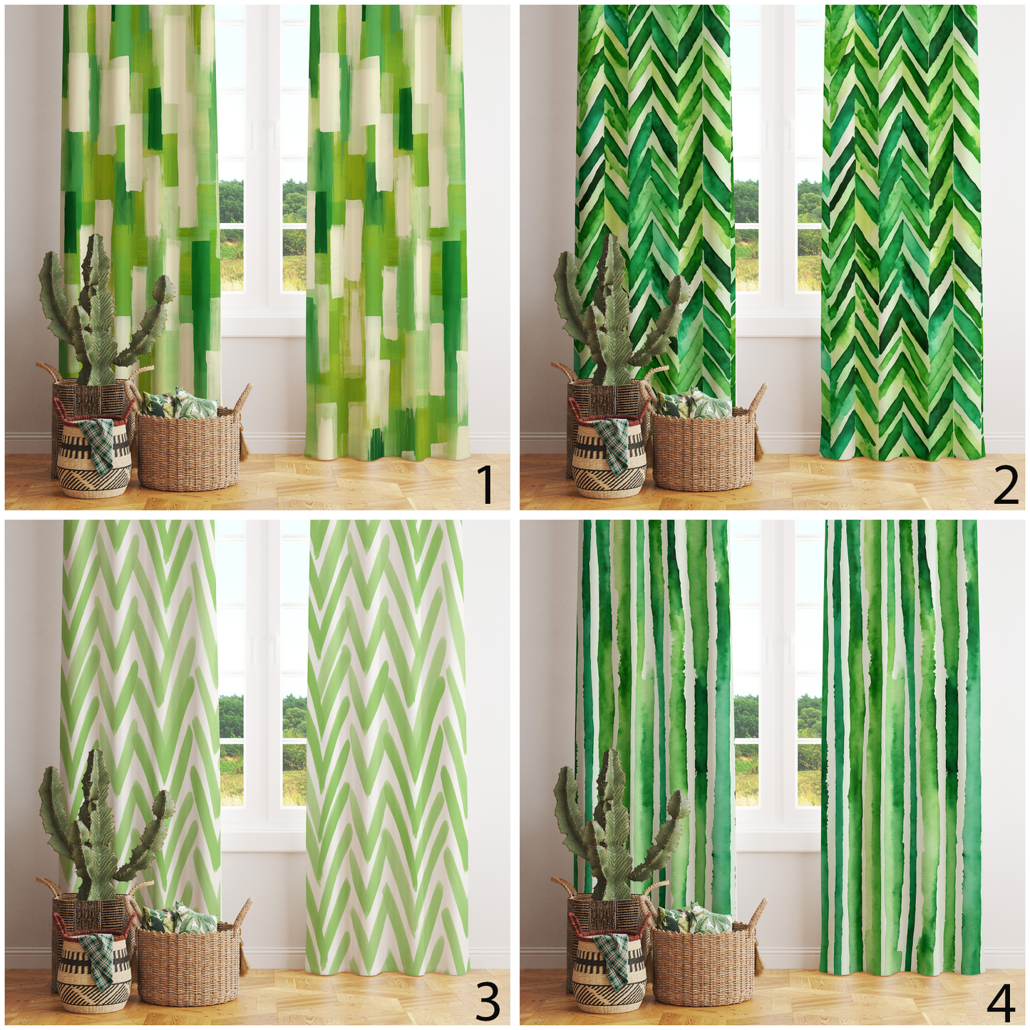 Green Boho Watercolor Curtains Abstract Chevron Drape