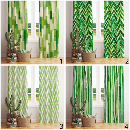 Green Boho Watercolor Curtains Abstract Chevron Drape