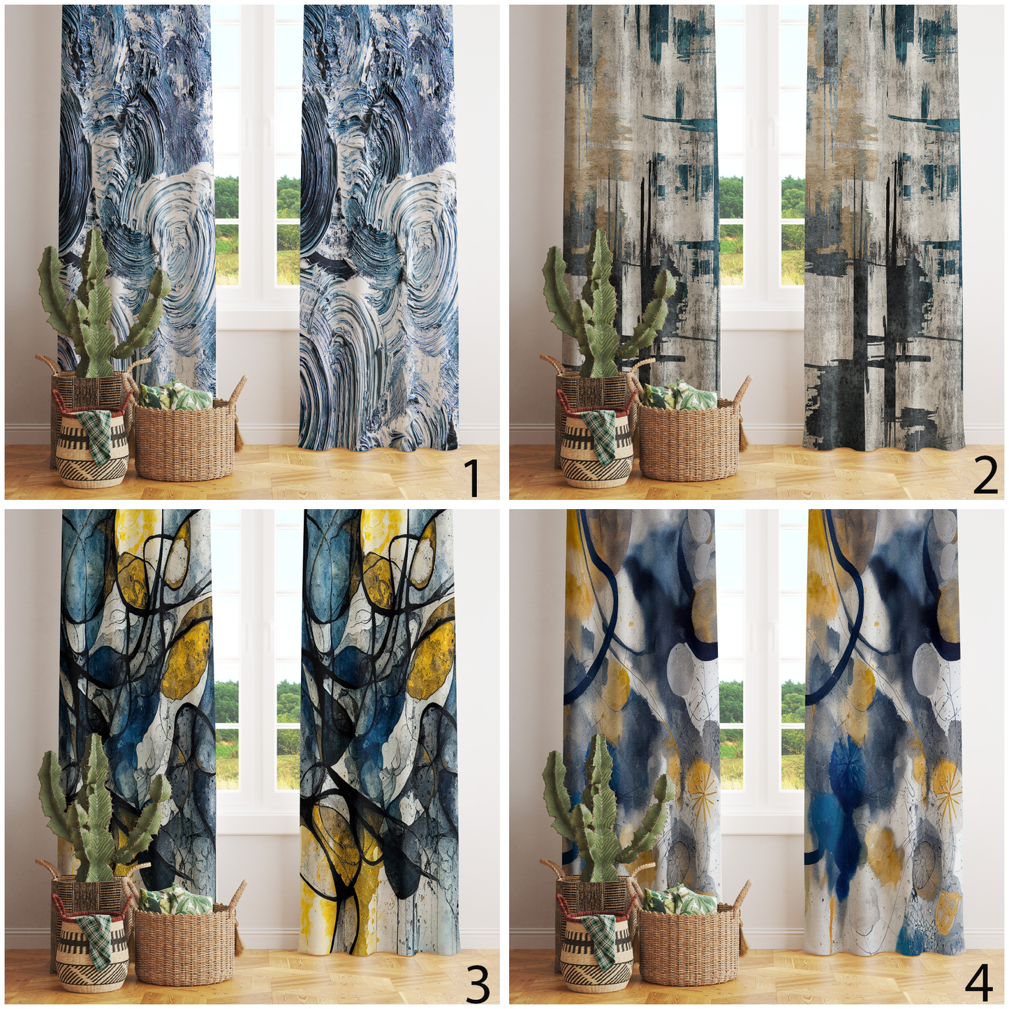 Blue Mustard Abstract Curtain Modern Decorative Eyelet Drape