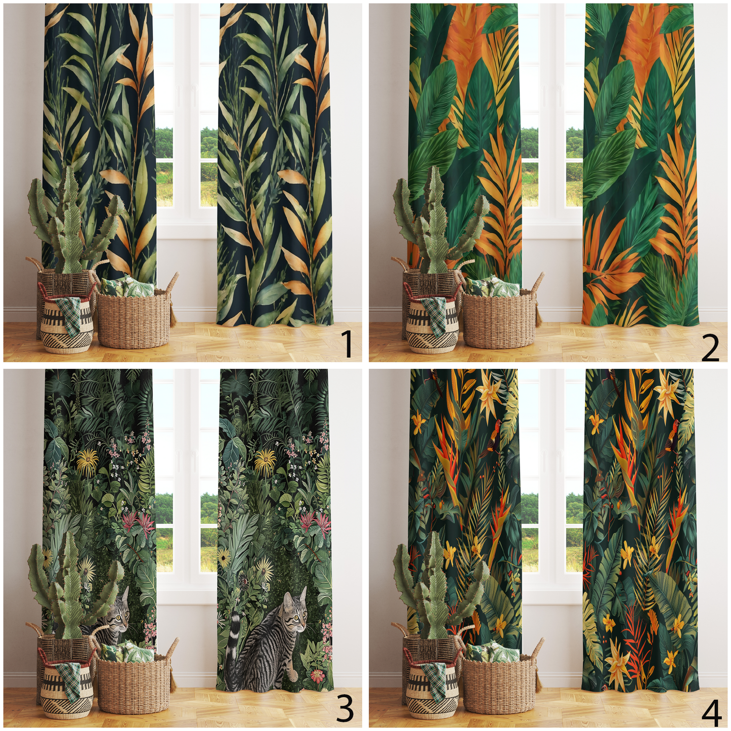 Garden Oasis Cat Tropical Green Leaves Decorative Curtain