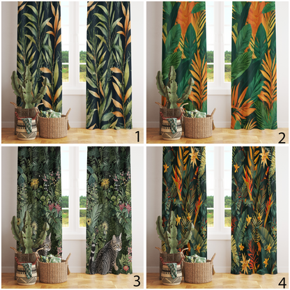 Garden Oasis Cat Tropical Green Leaves Decorative Curtain