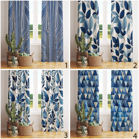 Watercolor Blue Leaf Curtain Abstract Figure Geometric Drape