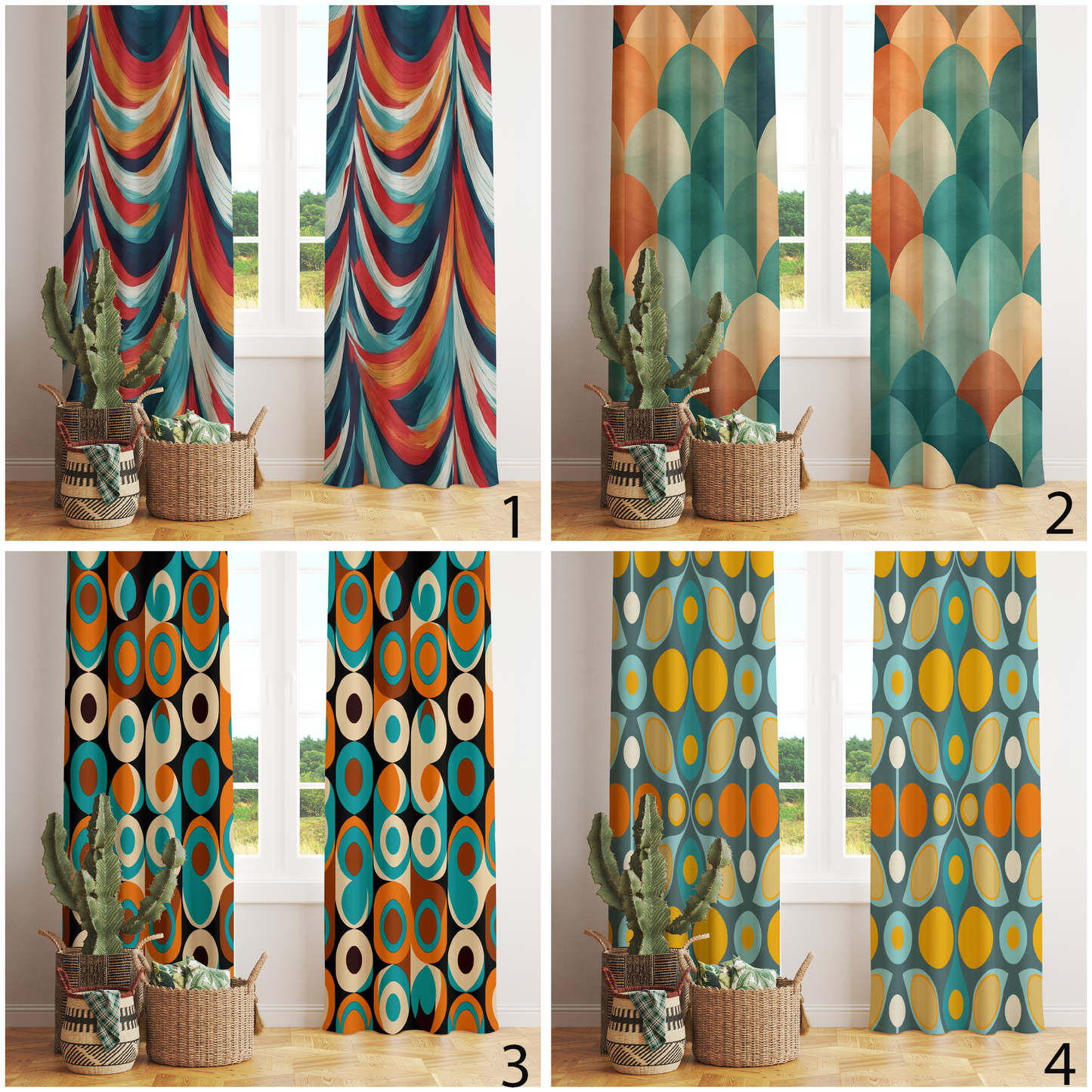 Retro Waves Abstract Midcentury Modern Curtains