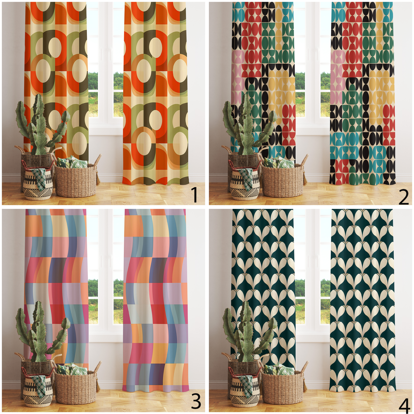 Retro Mid Century Modern Curtains Colorful Minimalist Drapes