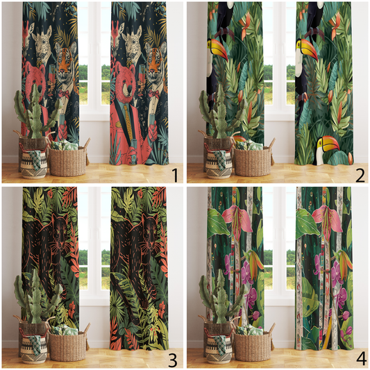 Safari Animals Exotic Flower Green Botanical Curtains