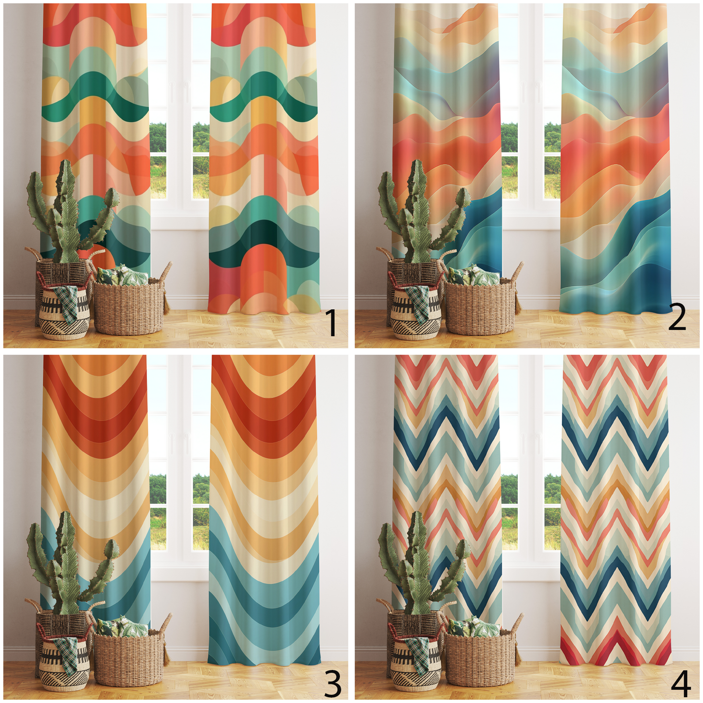 Colorful Waves Retro Curtains Modern Home Drapes