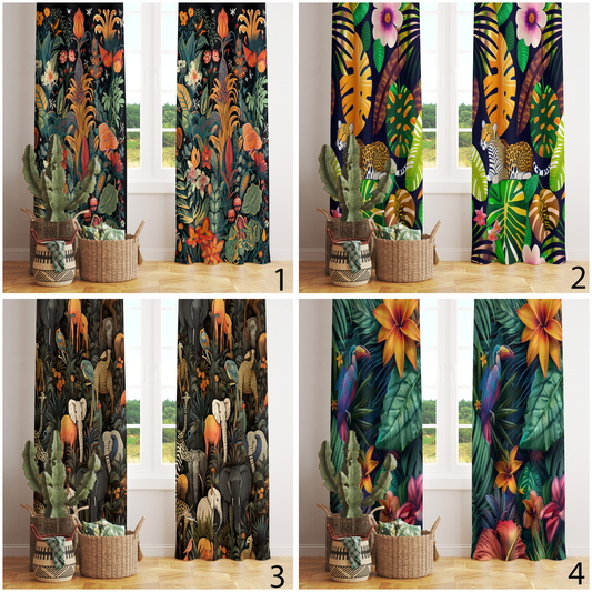 Leopard & Elephant Jungle Exotic Flower Curtains