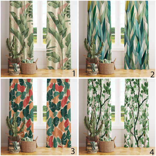 Painting Tree Green Leaves Flower Modern Eyelet Curtains