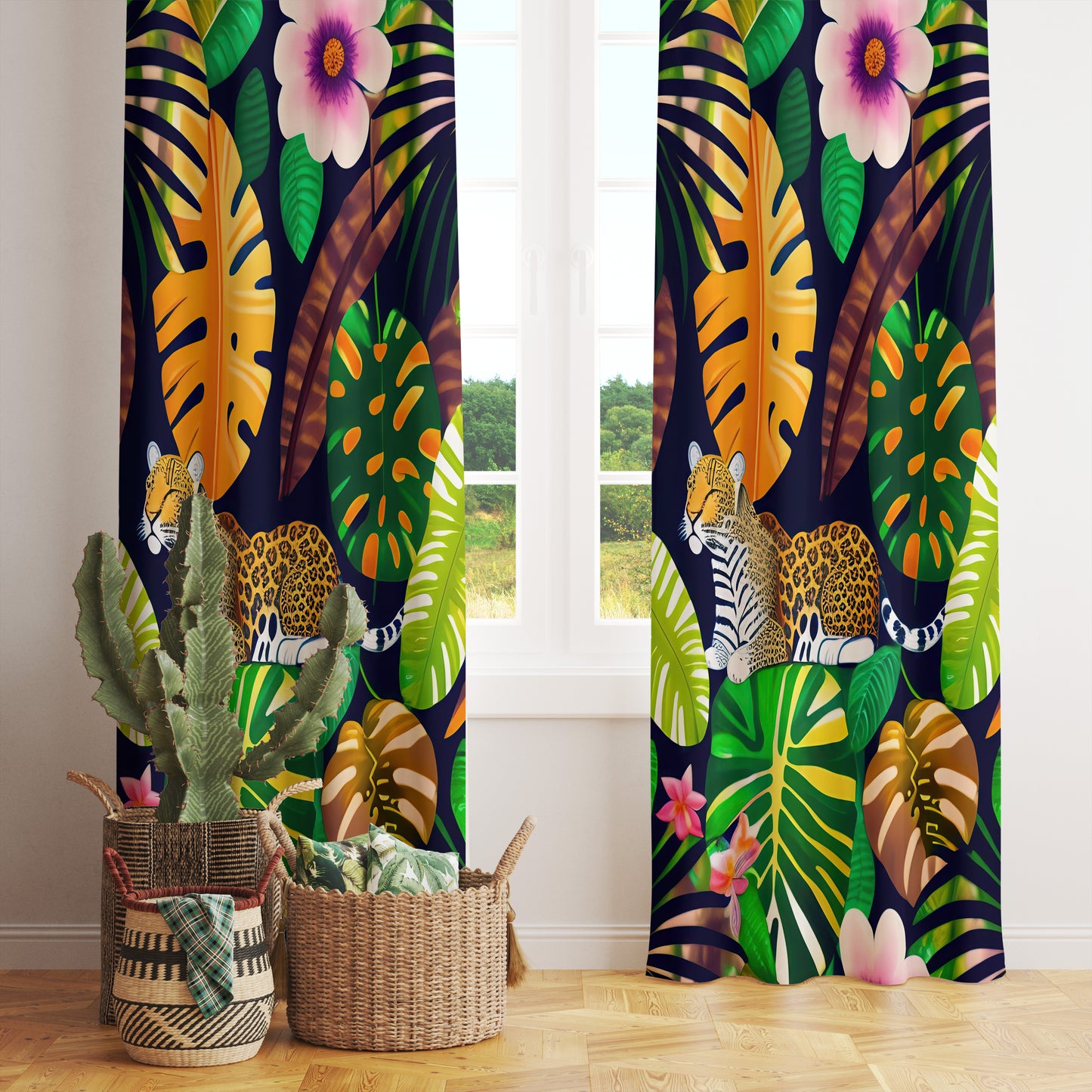 Leopard & Elephant Jungle Exotic Flower Curtains