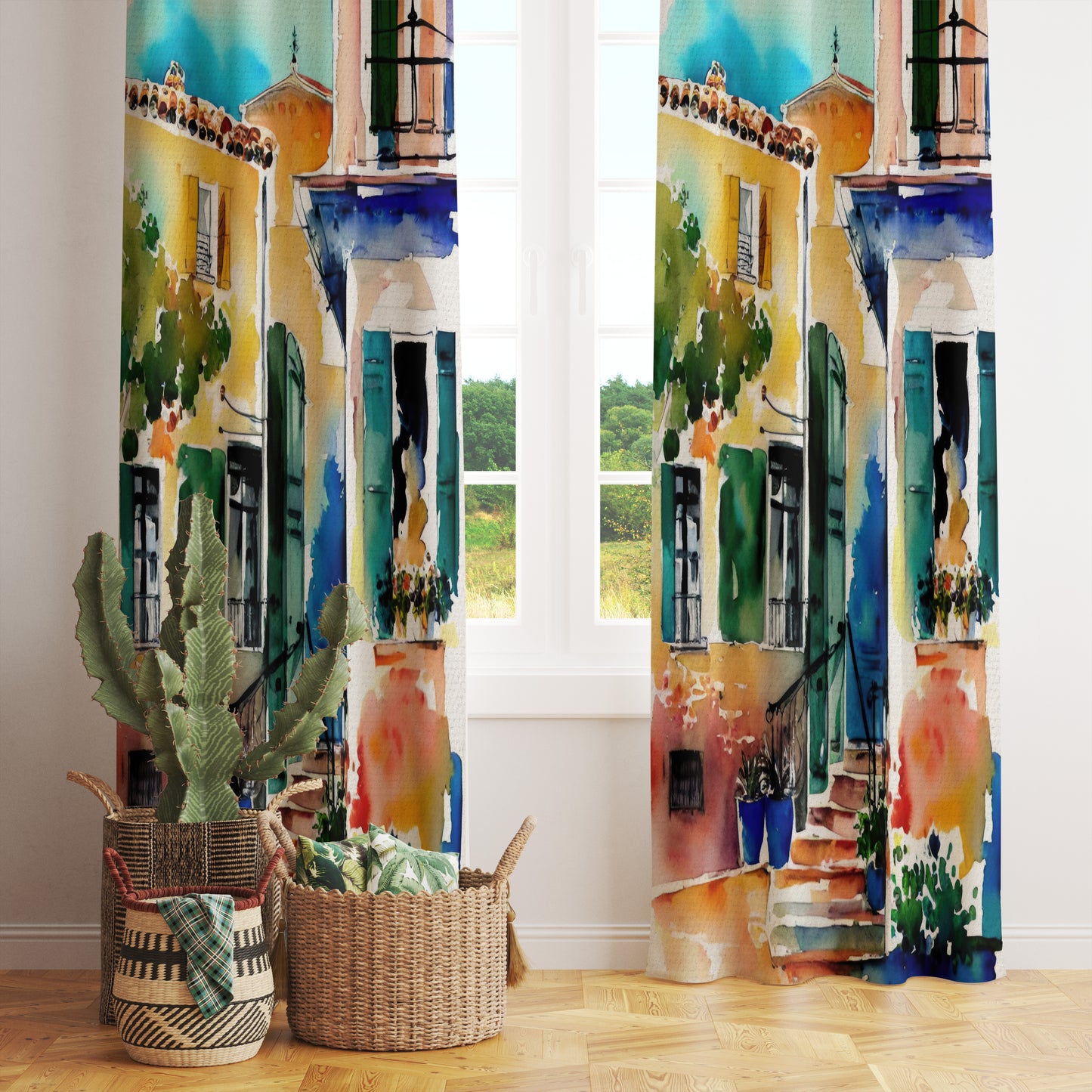 Colourful Landscape House View Curtains