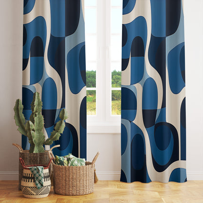 Navy Blue Abstract Retro Curtains Wave Pattern Modern Drapes