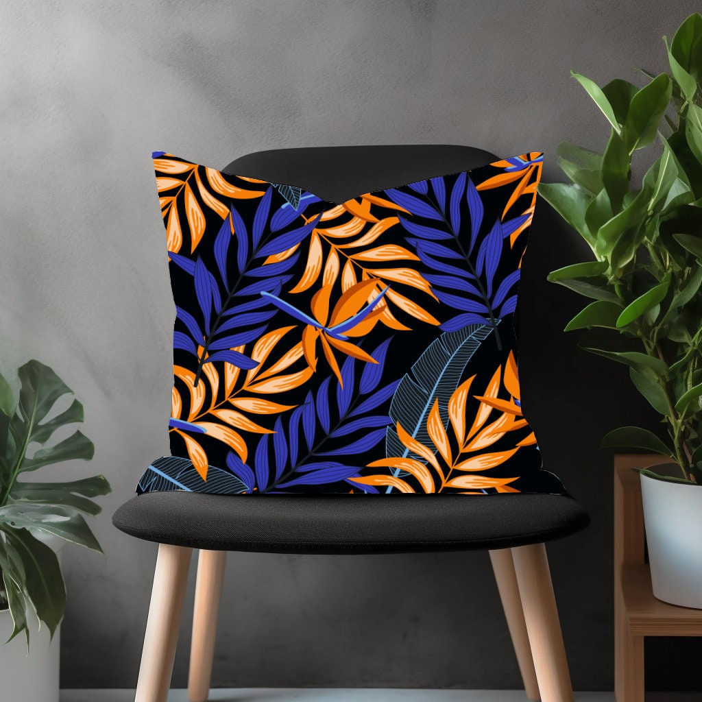 Exotic Floral Pillow Cover, Colorful Palm Leaves Cushion Case, Modern Living Room Decoration, Leaves Throw Pillow Bedroom Decor