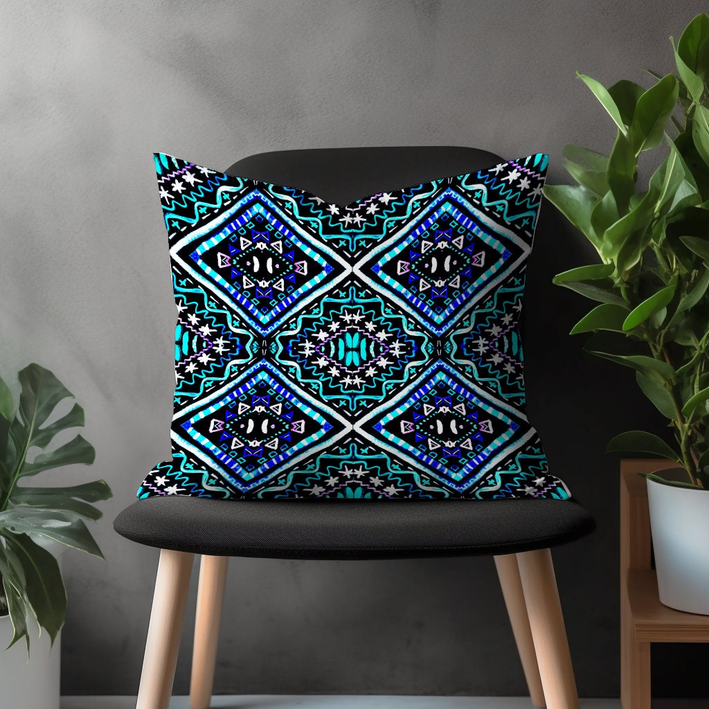 Blue Tiles Pillow Cover, Spanish Style Cushion Case, Navy Blue Ethnic Living Room Decoration, Farmhouse Bedroom Throw Pillow Case