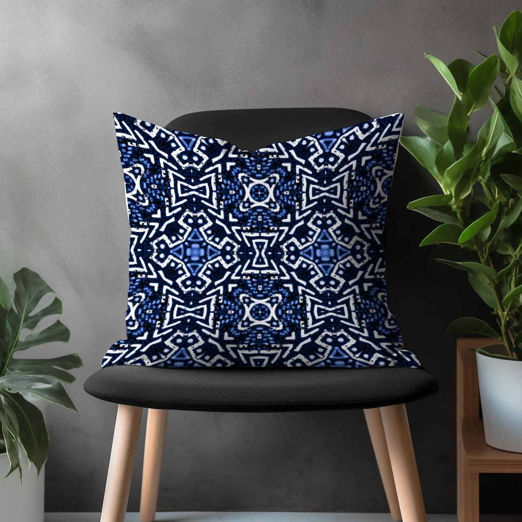 Blue Tiles Pillow Cover, Spanish Style Cushion Case, Navy Blue Ethnic Living Room Decoration, Farmhouse Bedroom Throw Pillow Case