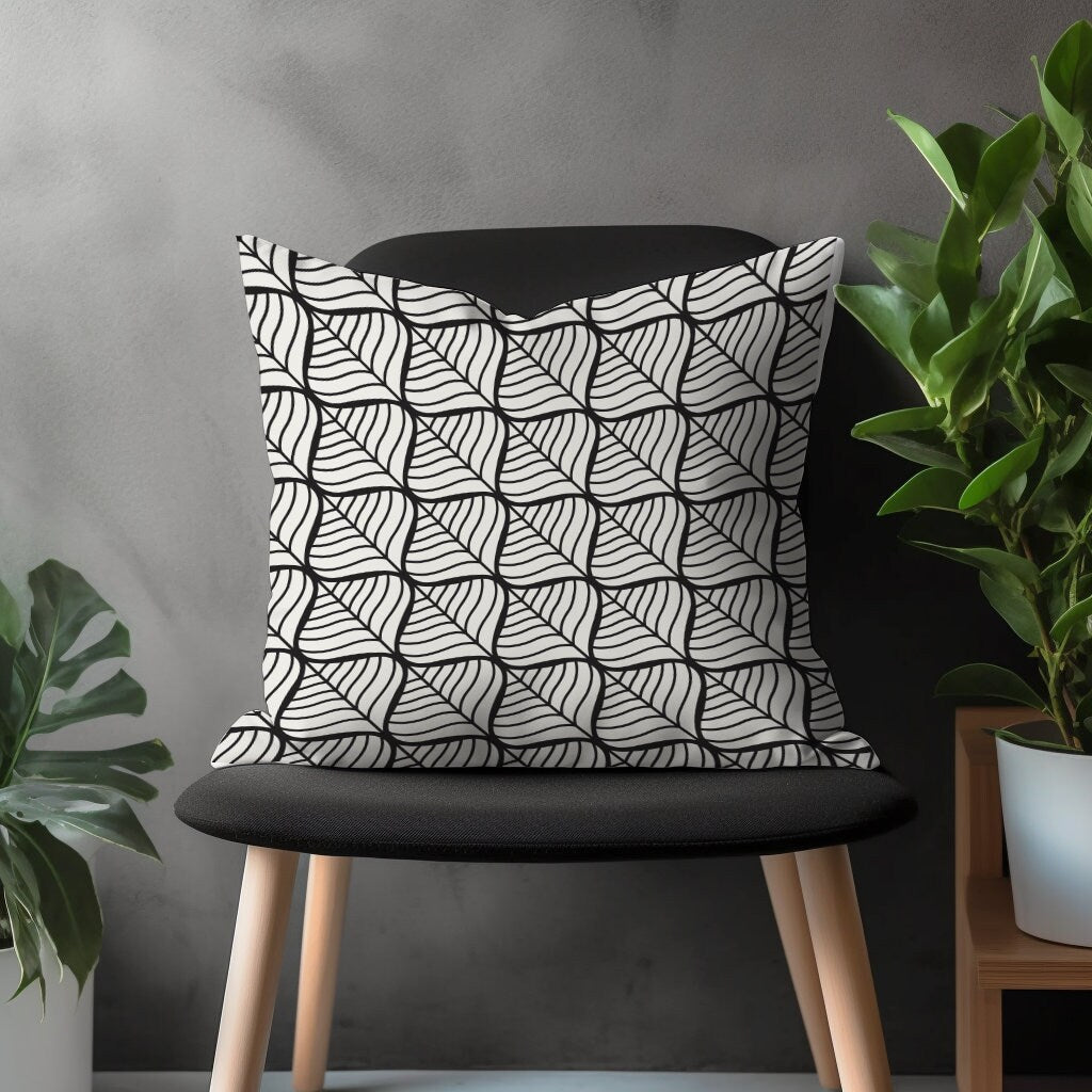 Retro Pillow Cover, Black & White Geometric Cushion Case, Modern Living Room Decoration, Boho Bedroom Throw Pillow Case, Housewarming Gift