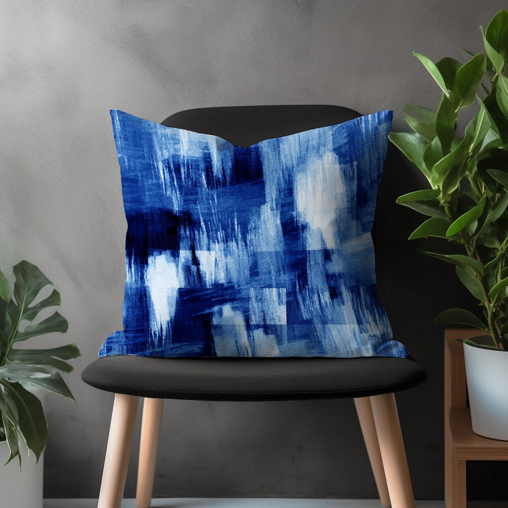 Blue Abstract Pillow Cover, Navy Blue Paint Effect Cushion Case, Brush Stroke Bedroom Throw Pillow Case, Modern Living Room Decoration