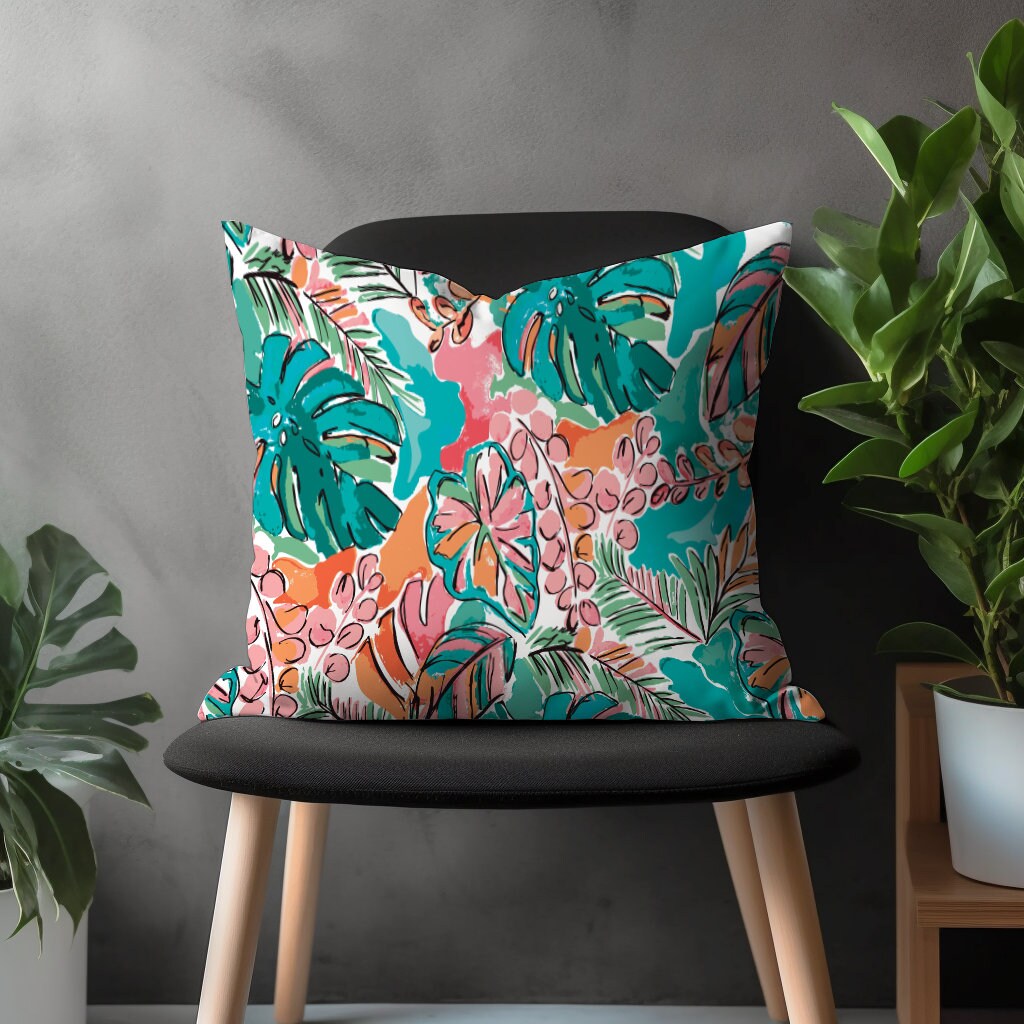 Floral Exotic Pillow Cover, Colorful Flower Tropical Cushion Case, Botanical Bedroom Throw Pillow Cover, Modern Living Room Decoration