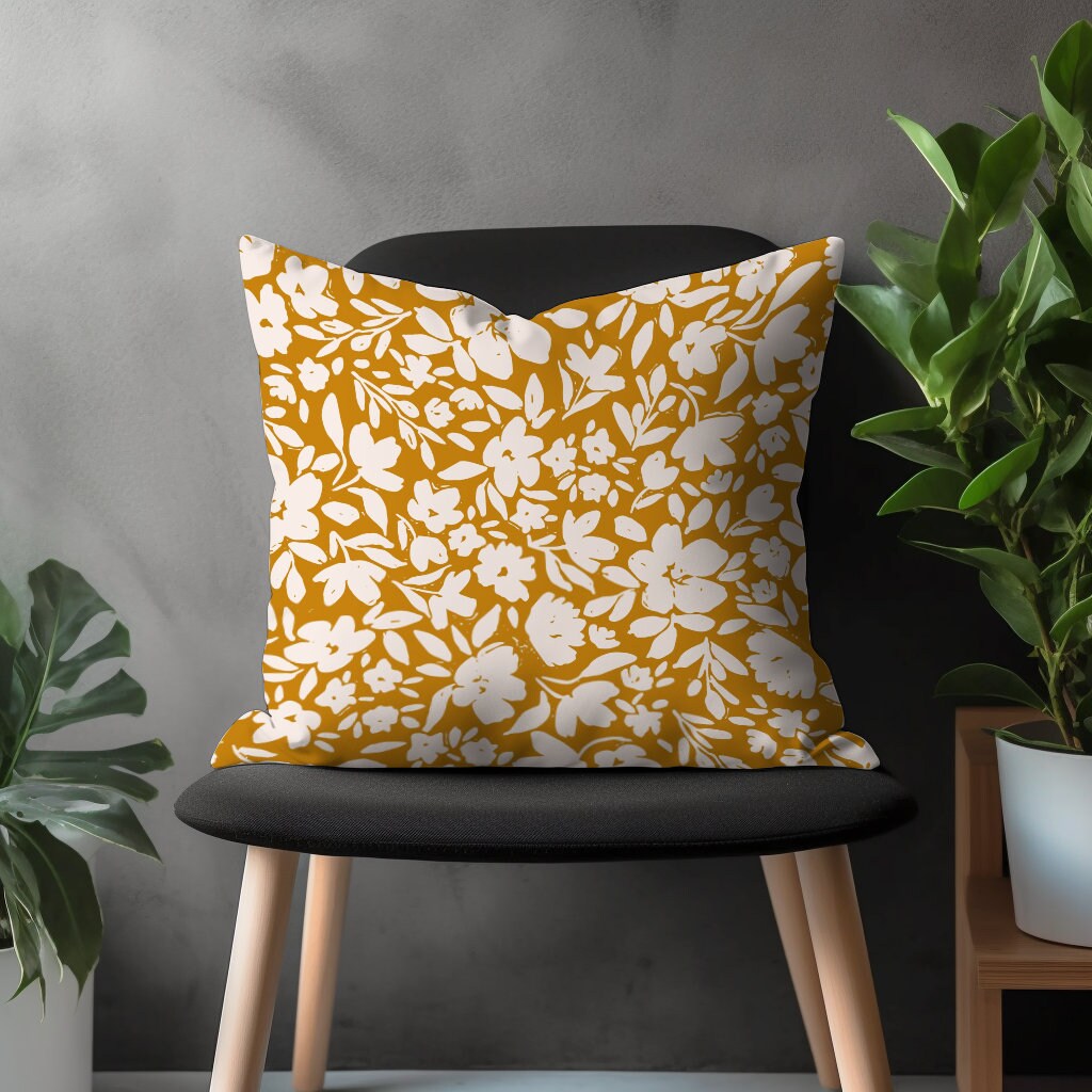 Mustard Abstract Pillow Cover, Yellow Modern Cushion Case, Geometric Living Room Decoration, Floral Bedroom Throw Pillow Top