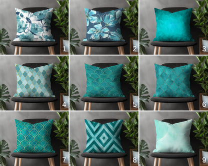 Turquoise Floral Pillow Cover, Geometric Modern Cushion Case, Teal Living Room Decoration, Emerald Bedroom Throw Pillow Case