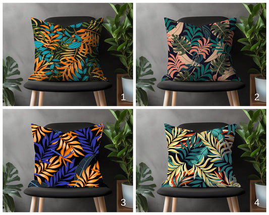 Exotic Floral Pillow Cover, Colorful Palm Leaves Cushion Case, Modern Living Room Decoration, Leaves Throw Pillow Bedroom Decor