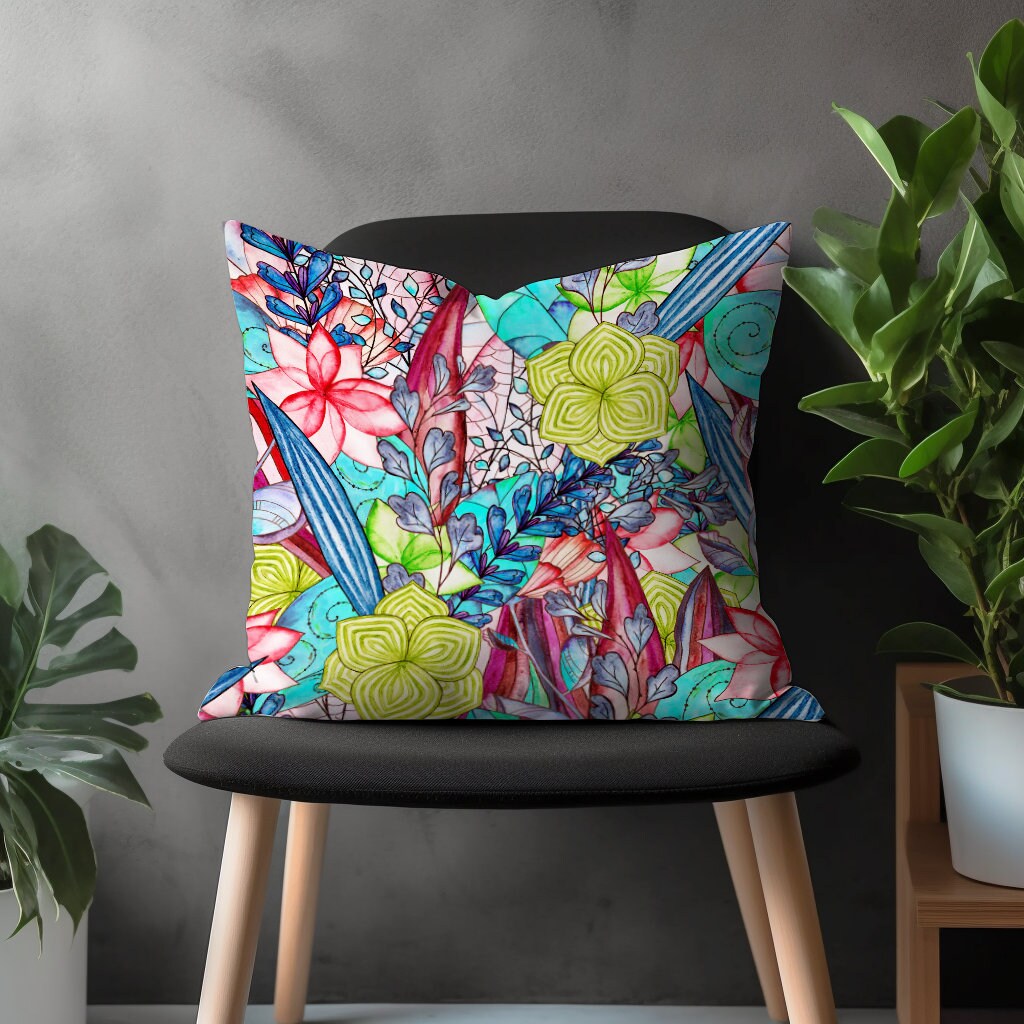 Floral Exotic Pillow Cover, Colorful Flower Tropical Cushion Case, Botanical Bedroom Throw Pillow Cover, Modern Living Room Decoration