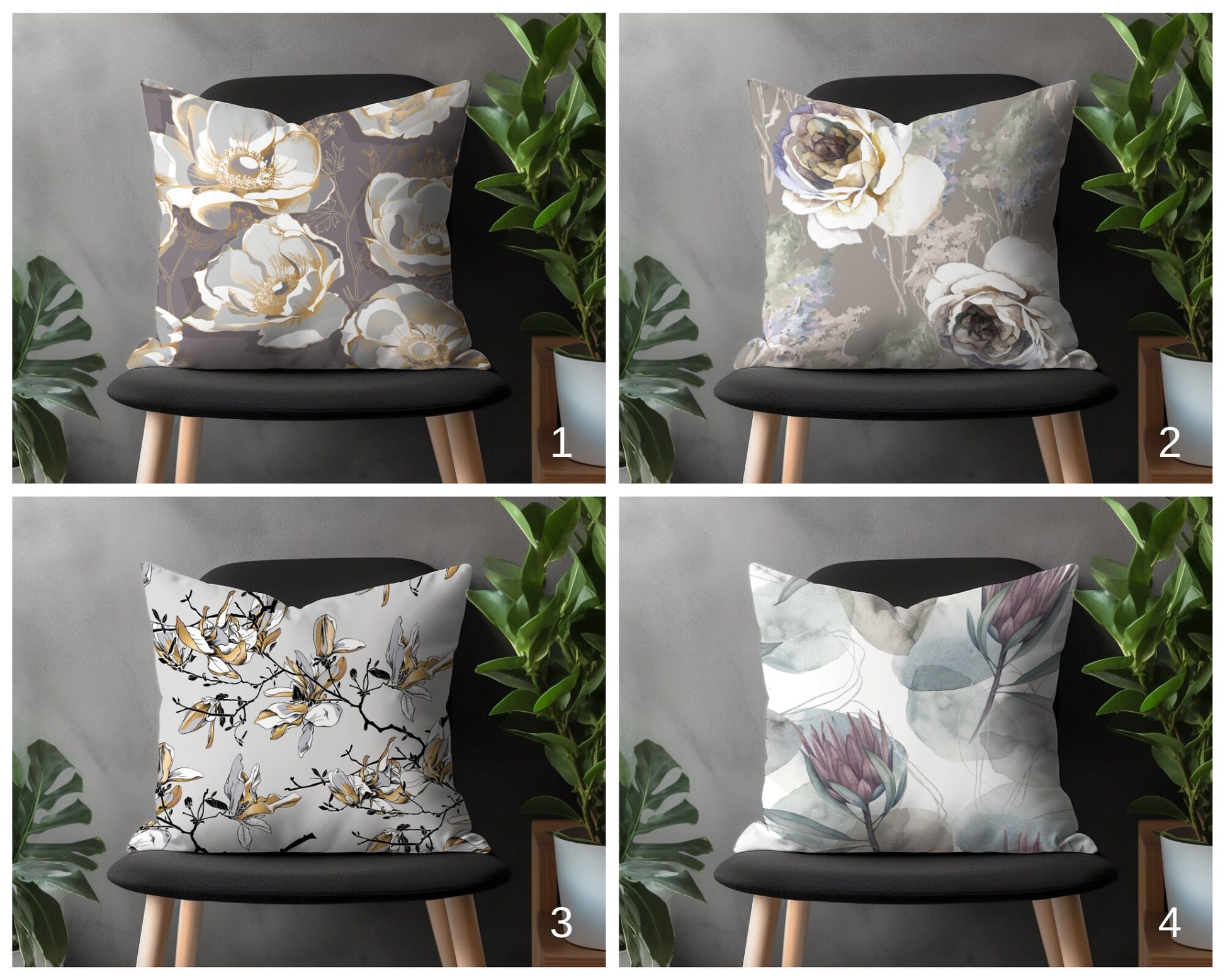 Gray Floral Pillow Cover, Living Room Pillow Sham, Bedroom Flower Throw Pillow, Patio Decor, 18x18 20x20 22x22 Any Size Pillow