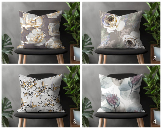 Gray Floral Pillow Cover, Living Room Pillow Sham, Bedroom Flower Throw Pillow, Patio Decor, 18x18 20x20 22x22 Any Size Pillow